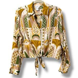 Nicole Miller NEW YORK women’s medium v-neck tie front linen button up blouse